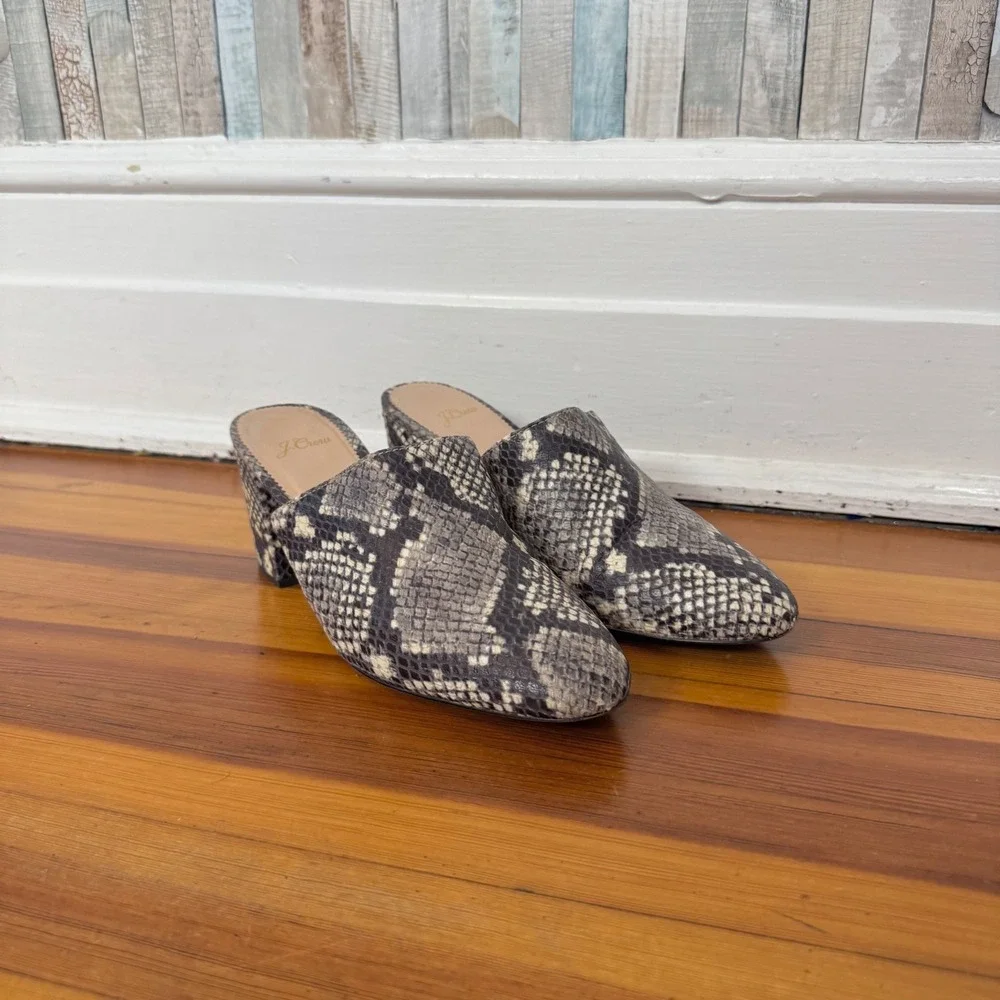 J Crew Sophie Mule Snakeskin Leather Block Heel Slip On Shoes Gray Pointed Toe 8